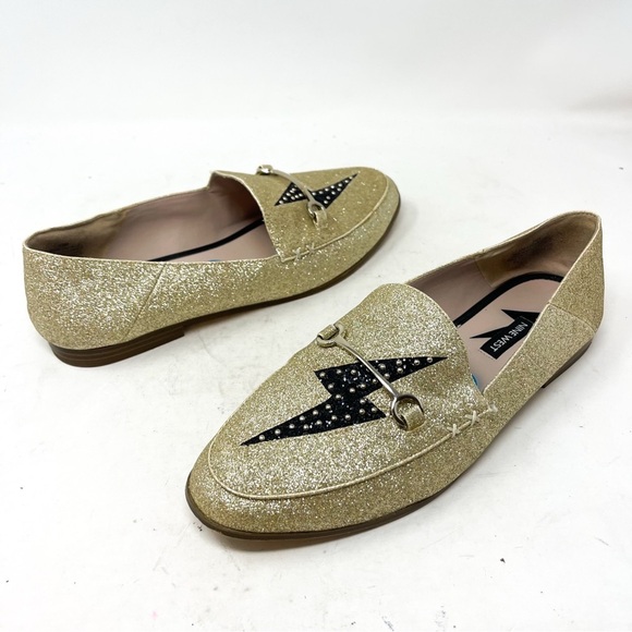 Nine West Wildgirls Tailored Loafers lightening bolt gold metallic glitter sz 10 - Picture 3 of 10